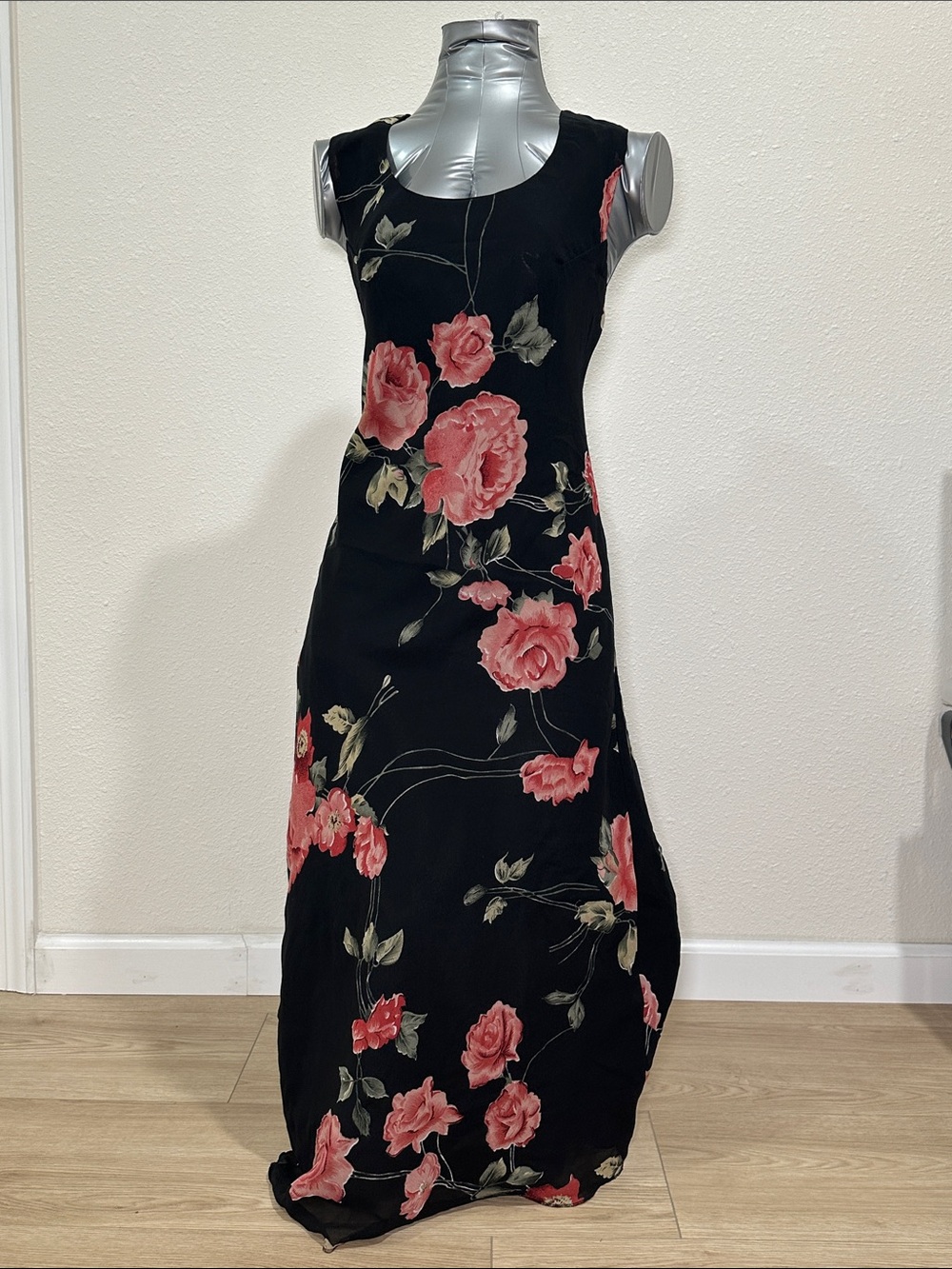 Mileage Vintage Floral Maxi Dress Black With Pink Roses Sleeveless L